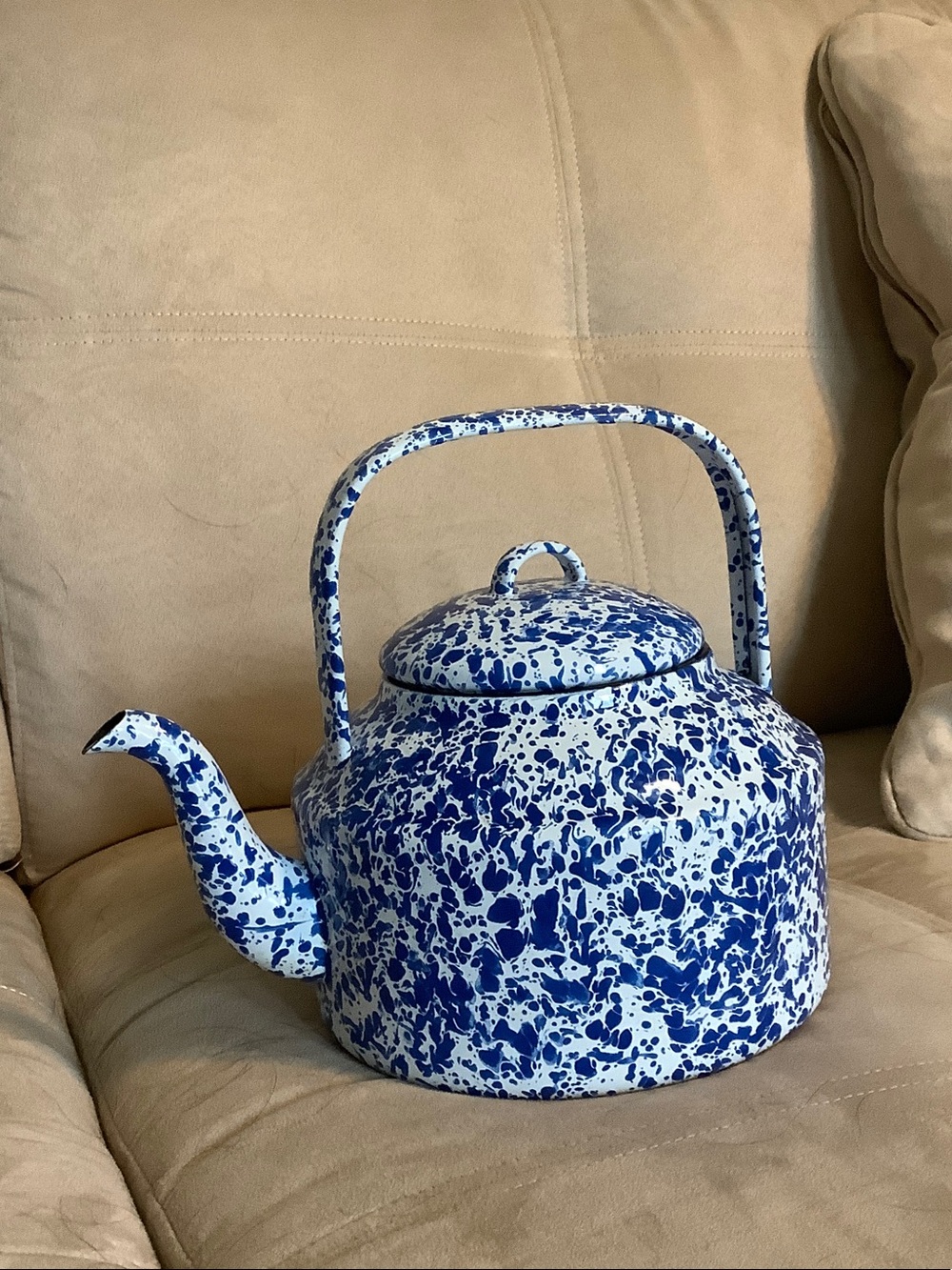 Blue Speckled Enamel Tea Kettle - Classic Spatterware Design